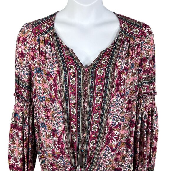 GiGio Womens M Boho Floral Blouse Smocked Cuff Balloon Sleeves Hippie Artsy Top - Picture 5 of 16